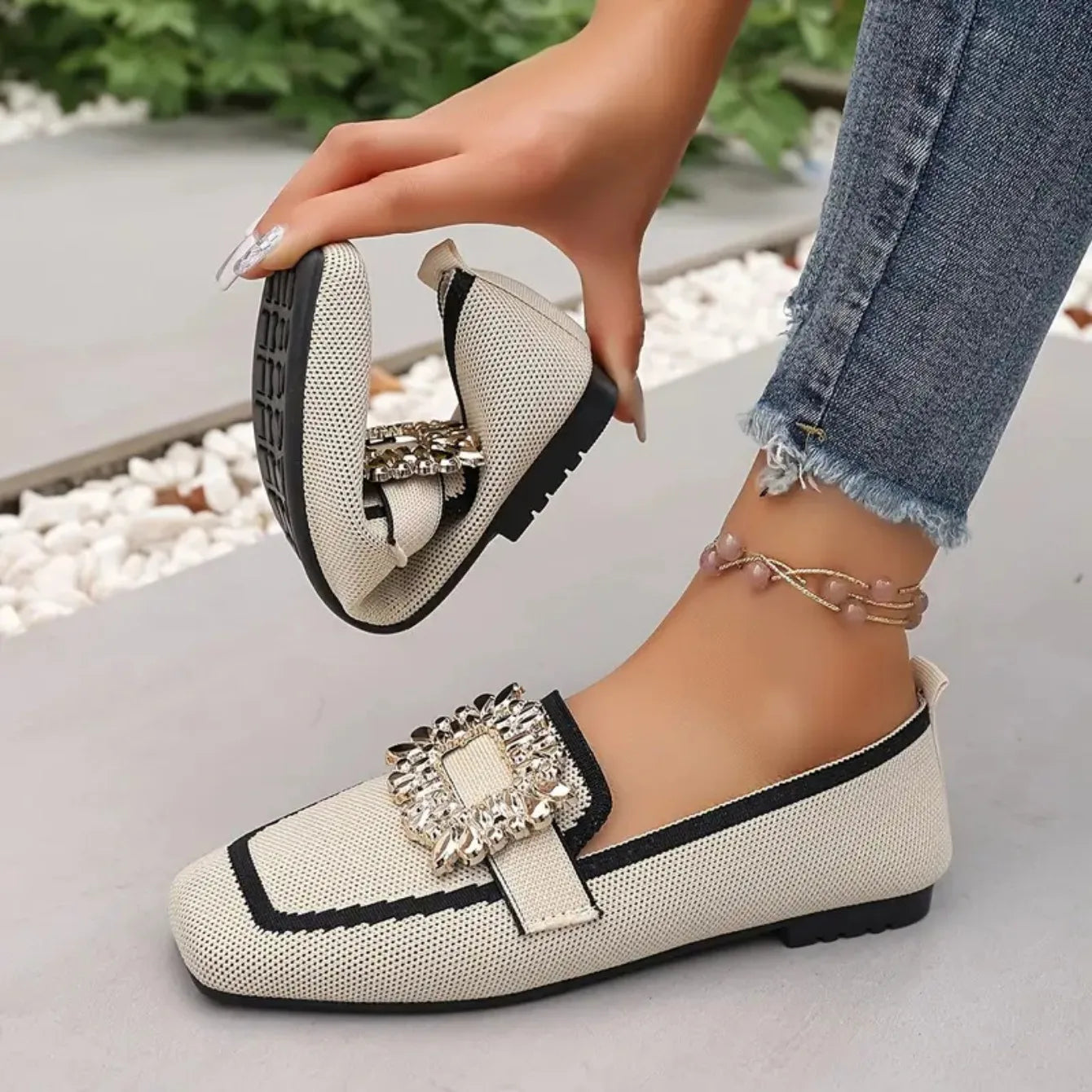 Flat Loafers - Knitting Slip-On Shoes for Women, Square Head, Breathable Fashion Flats, New Spring Collection, Large Size