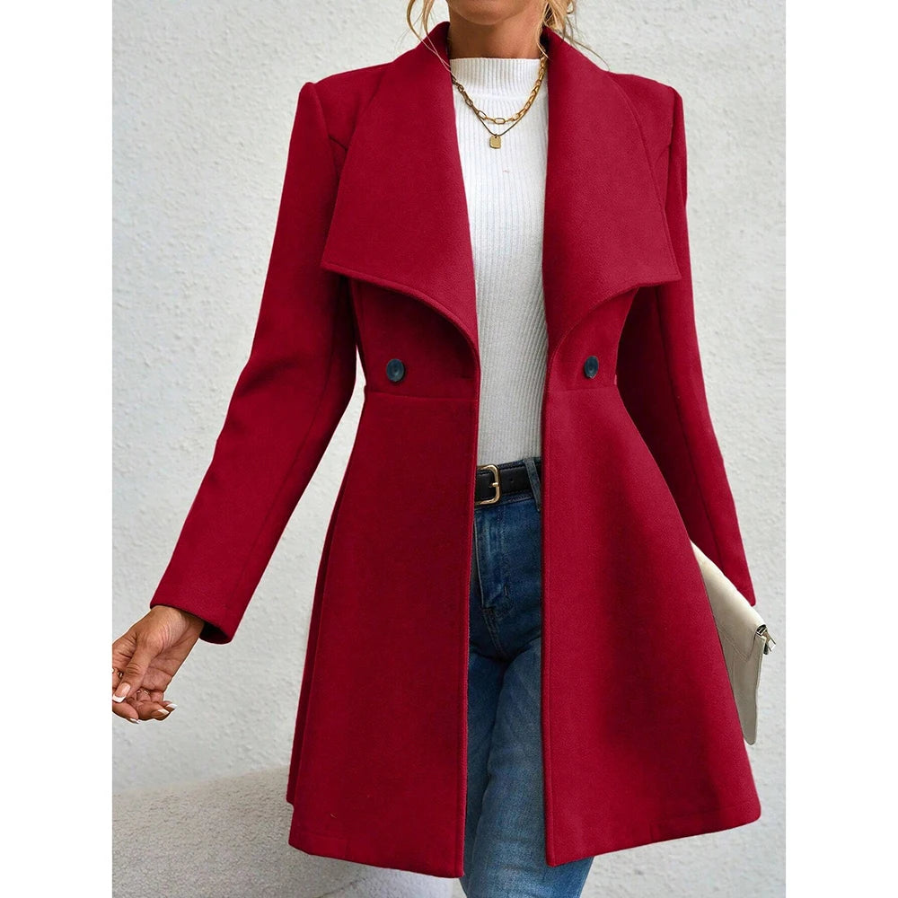 Women's Winter Coat – Solid Color, Long Sleeve, Lapel, Button-Up Workwear