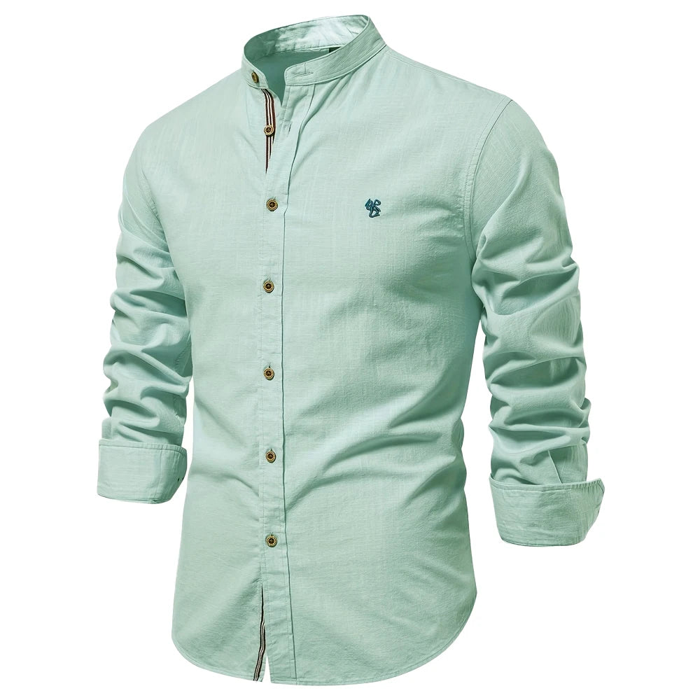 100% Cotton Social Shirt For Men – Solid Color, Long Sleeve, High Quality Brand, Spring Stand Collar, Casual Style
