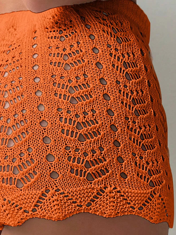 Hollow Drawstring Knitted Shorts – 100% Polyester, Open Waist, Bikini Cover-Up