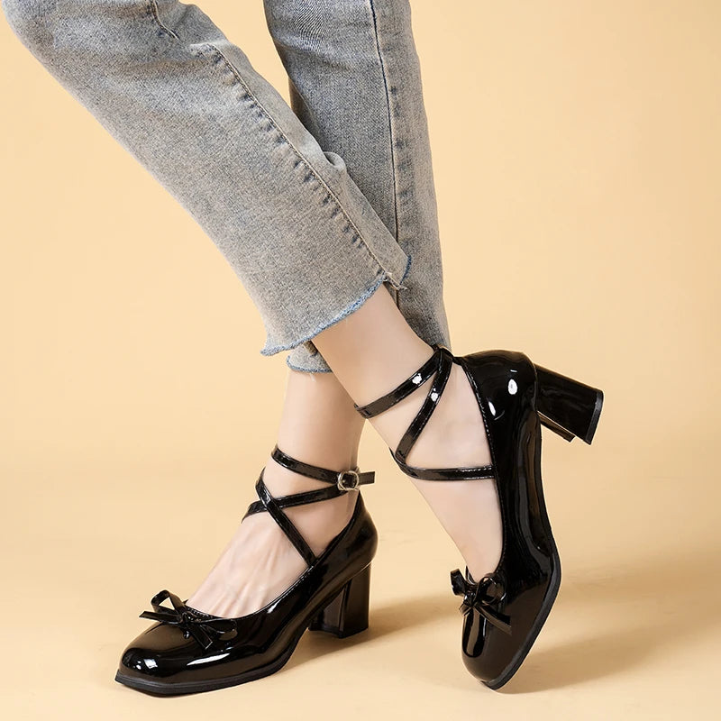 Black Retro Cross-Tie Pumps – Casual Summer Round Toe Shoes, Sweet Bow Design for Women