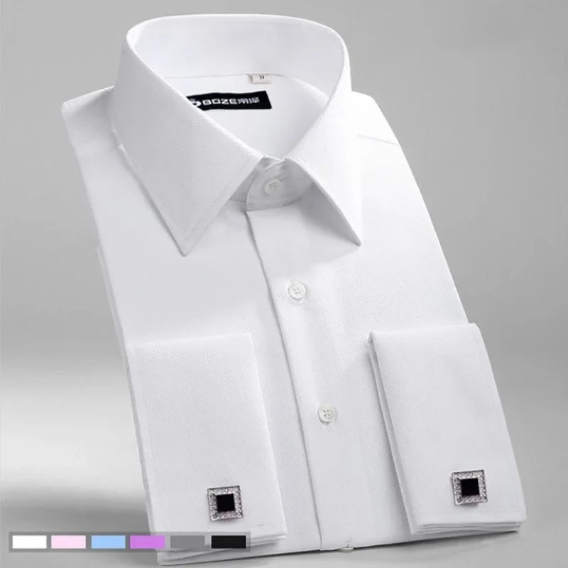 Men's French Cuff Formal Shirt – New White Long-Sleeved Business Button Shirt, Regular Fit With Cuff Buttons