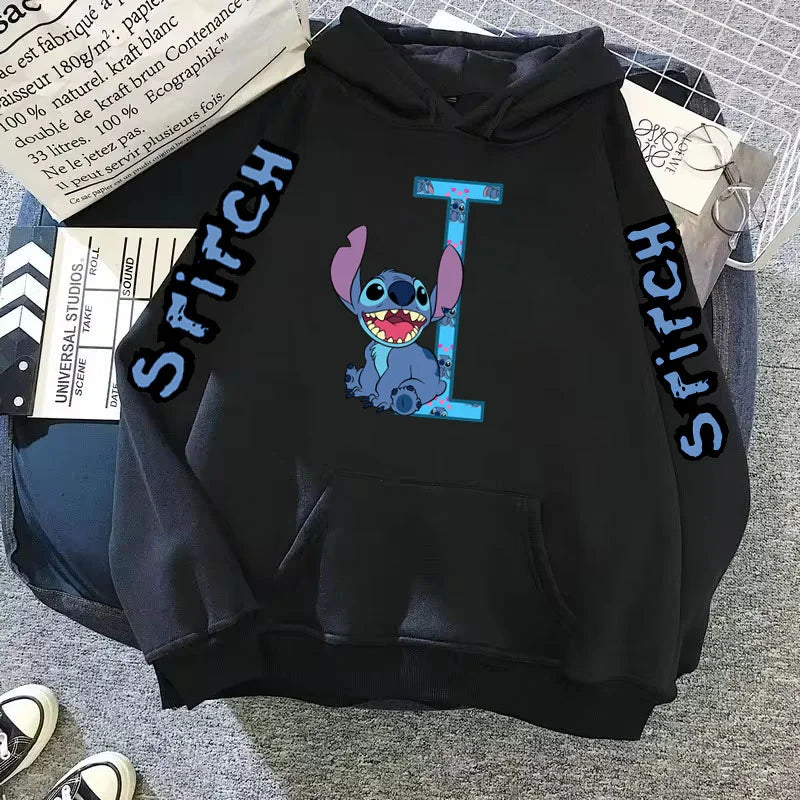 Women's Winter Disney Hoodie – Cute Kawaii Lilo & Stitch, Lucky Letter Print, Black, Fashion Couple Streetwear (Big Size)