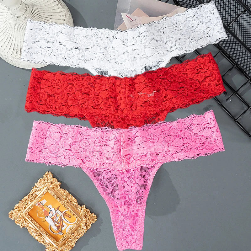 3PCS Lace Floral Thong Panties – Low Waist, Breathable, Sexy, Transparent, Solid Color Women's Underwear