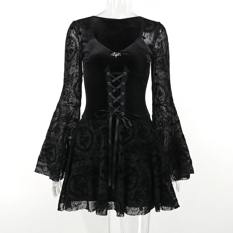 Gothic Long Sleeve Ruffle Mini Dress Women's Vintage V Neck Velvet Stretchy Bodycon Cocktail Dresses Victorian Blouse