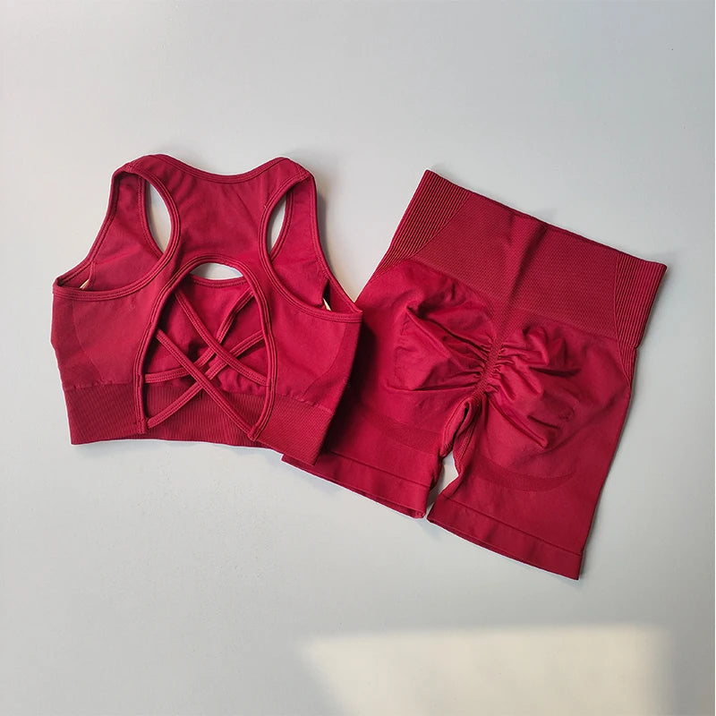 2PCS Seamless Yoga Set – High Waist Shorts & Sport Bra for Gym & Fitness