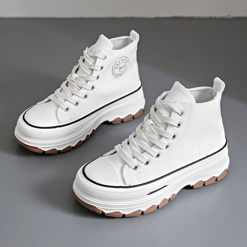 Women’s High Top Canvas Sneakers - Lace-Up, Non-slip, Wear-Resistant, Spring Platform