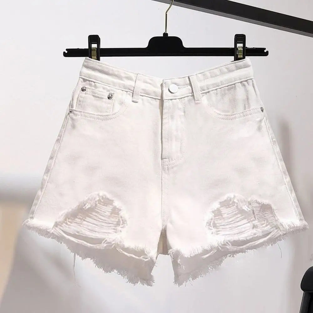 Women's Cowboy Shorts – Korean Style, High Waist, Casual, Denim, Pocket Design, Tassel, Perforated, Ripped Holes, Y2K White Jeans