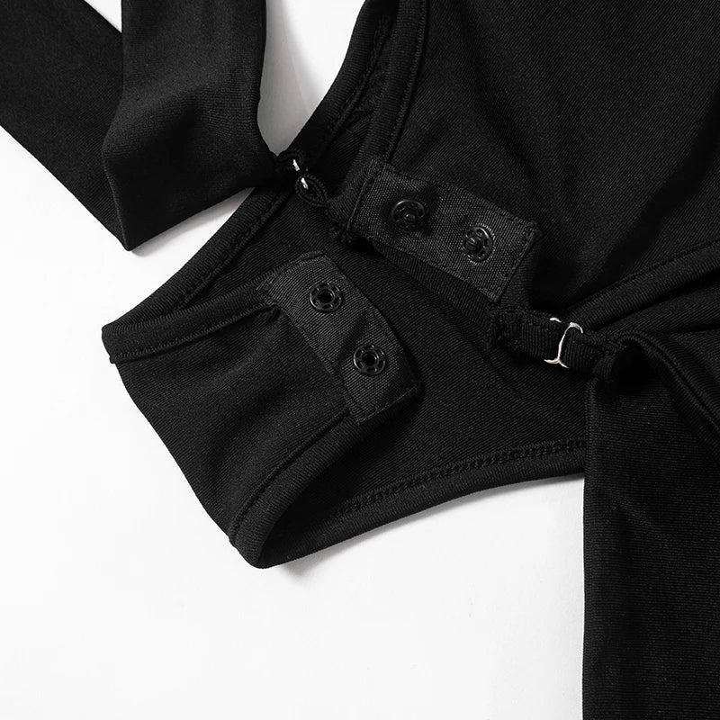 Zip Turtleneck Buckle Cutout Bodysuit – Long Sleeve, Sexy Club Romper, Black Techwear Jumpsuit for Women