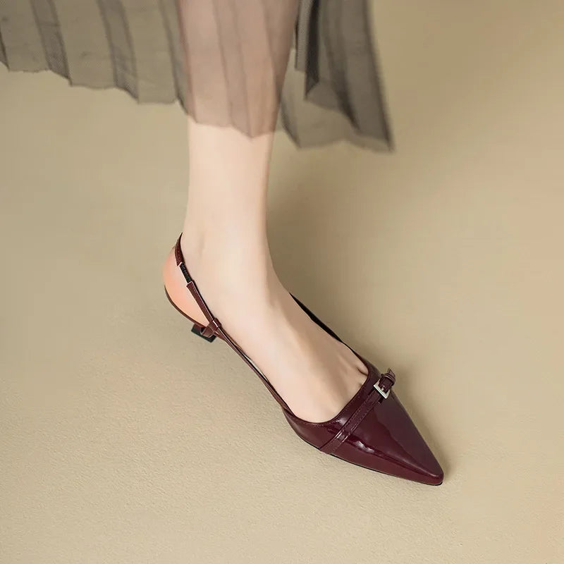 Summer French Wine Red Pointed Patent Leather Mid-Heel Sandals – Retro Skinny Heel, Open Back Shoes for Women