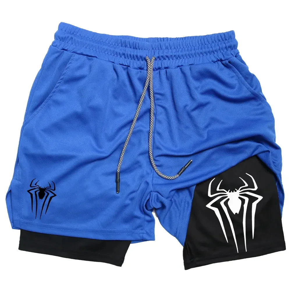 Y2K Performance Shorts Men – Spider Printed, Gym Casual Sports, Compression Shorts, Workout, Running, Mesh 2-in-1 Sport Shorts