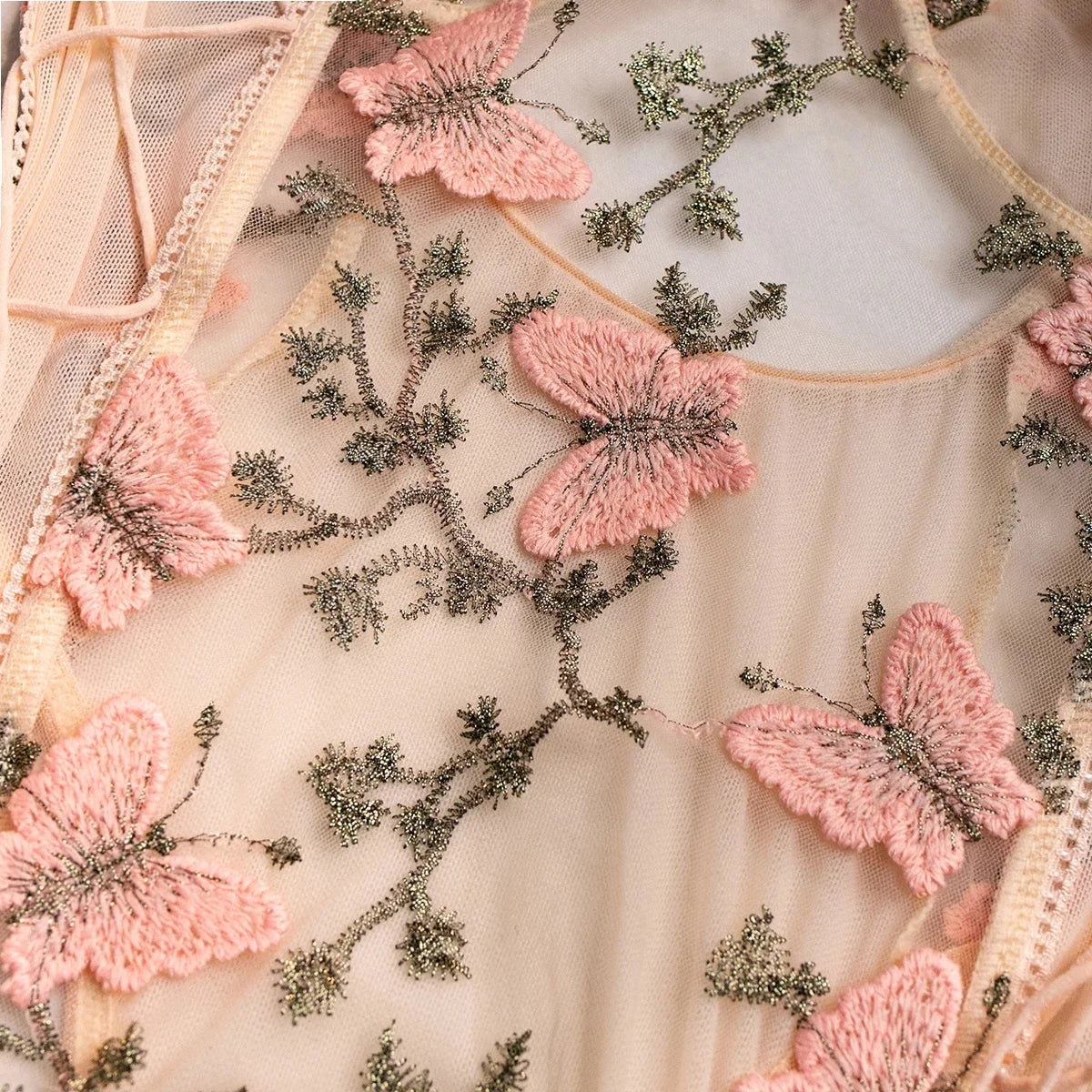 Yimunancy Boho Butterfly Embroidery Mesh Bodysuit – Women's Transparent Lace-Up Sexy Bodysuit, Body Femme