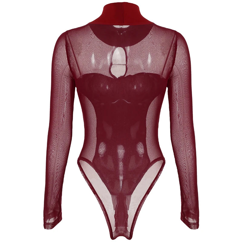 Hollow Out Mesh Bodysuit – Slim-Fit, Turtleneck, Long Sleeve, Korean Chic Elegance