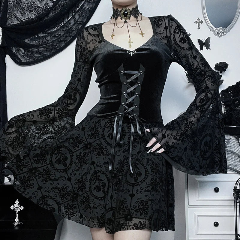 Gothic Long Sleeve Ruffle Mini Dress Women's Vintage V Neck Velvet Stretchy Bodycon Cocktail Dresses Victorian Blouse