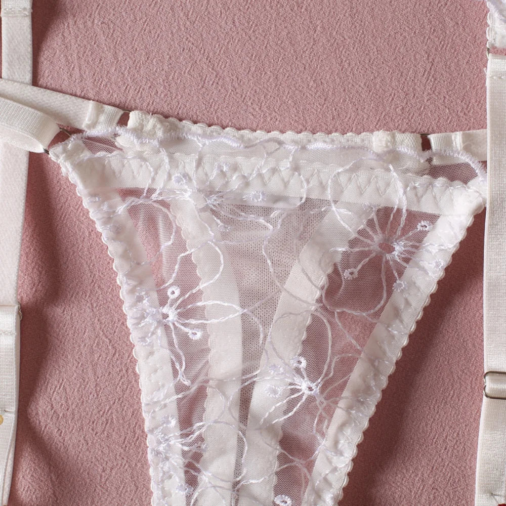 Floral Embroidery Erotic Set – Women's Transparent 3PCS Lingerie Set with Garter, Available in 3 Colors
