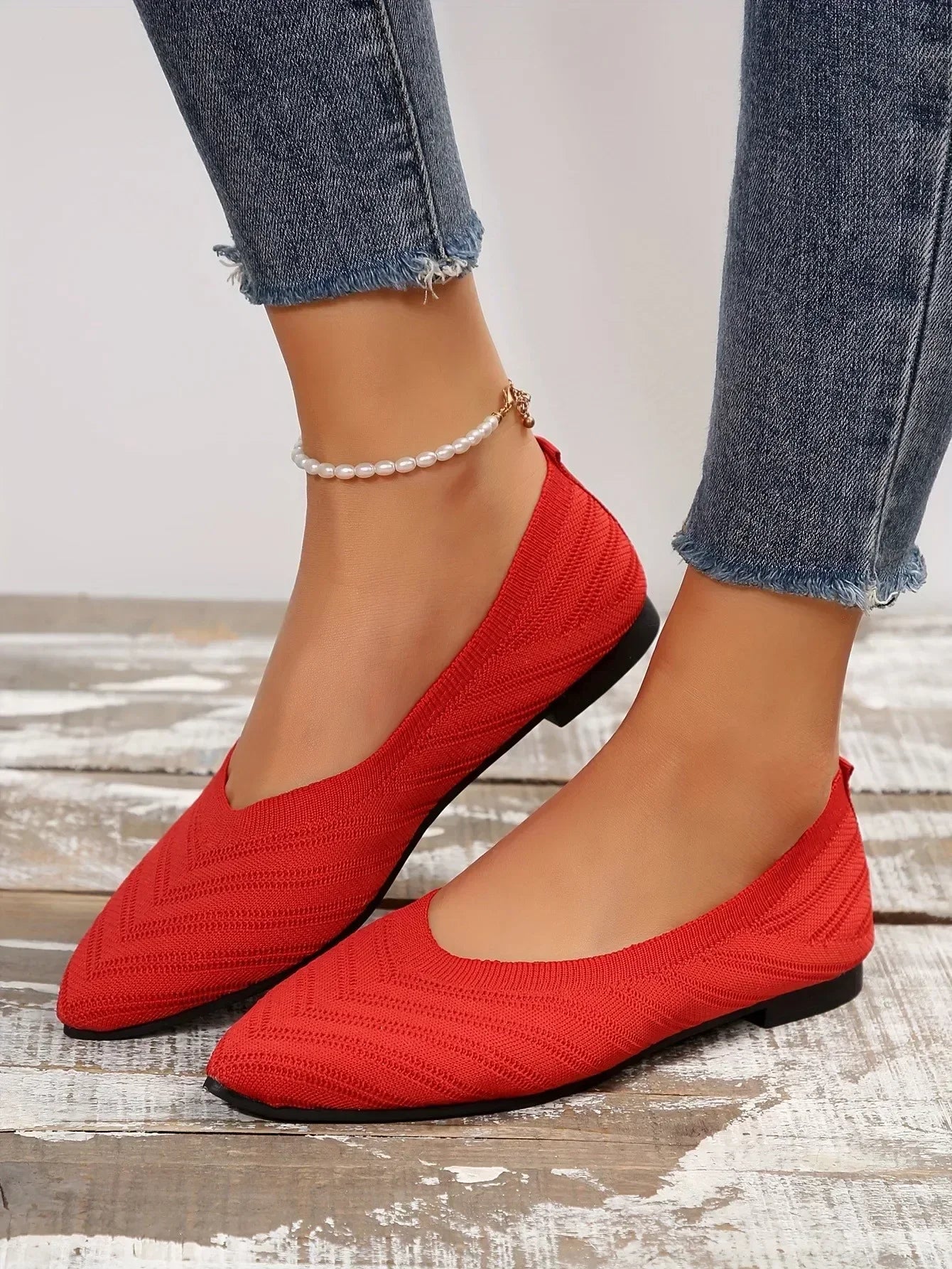 Pointed Toe Flats - Solid Color Knitted Slip-On Office Shoes, Casual Ballet Flats, Women's Loafers, Zapatos de Mujer