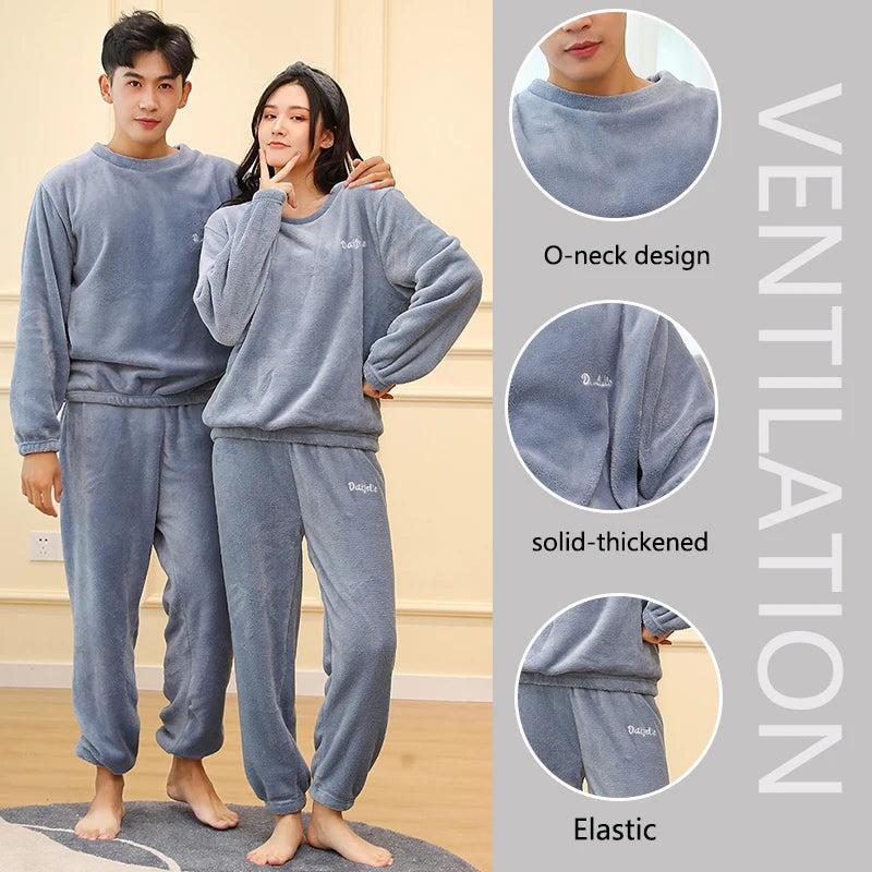 Men's Coral Velvet Pajamas – Thickened, Warm, Long Sleeve & Trousers, Solid Color, Soft Sleepwear, Autumn Winter 2PCS Set