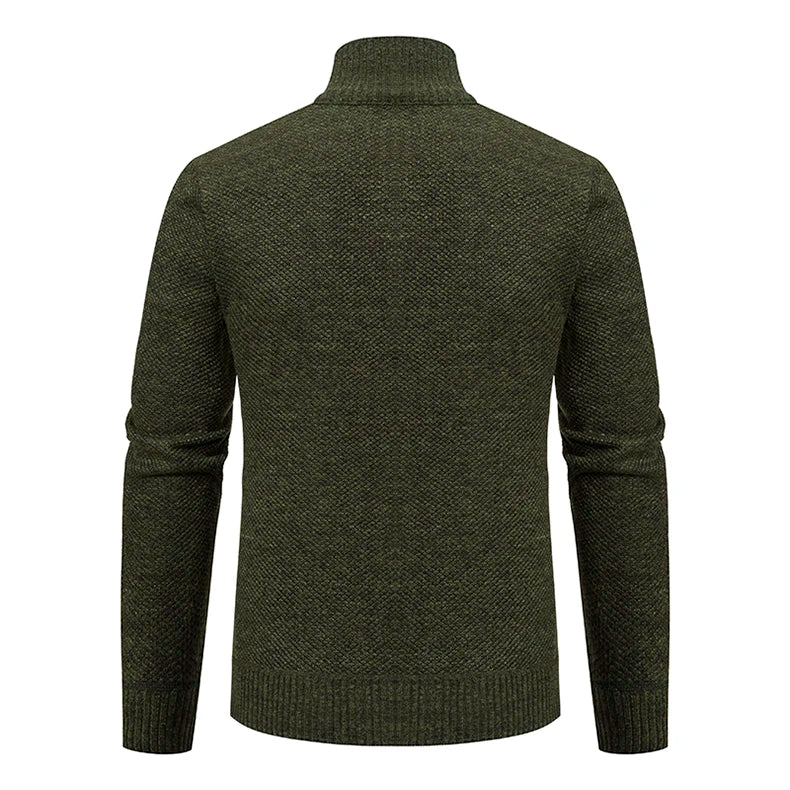 Jersey Men's Casual Sports Coat – Solid Color Stand Collar Sweater, Fleece-Lined, Warm Zipper Cardigan
