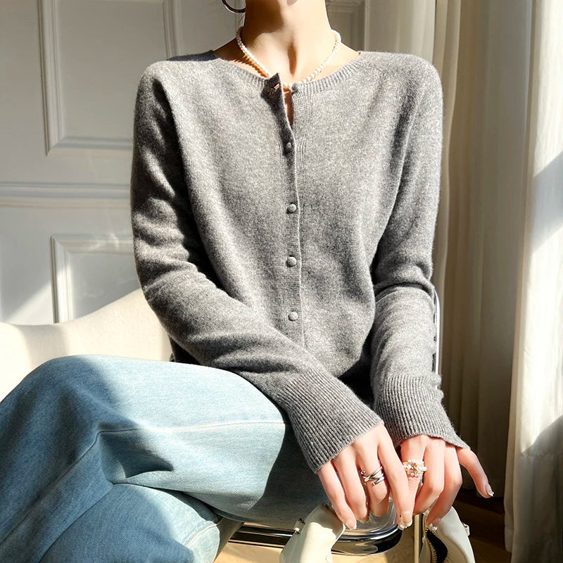 100% Wool Cardigan – Solid Color, Warm Knitwear, Casual Autumn Winter Outerwear