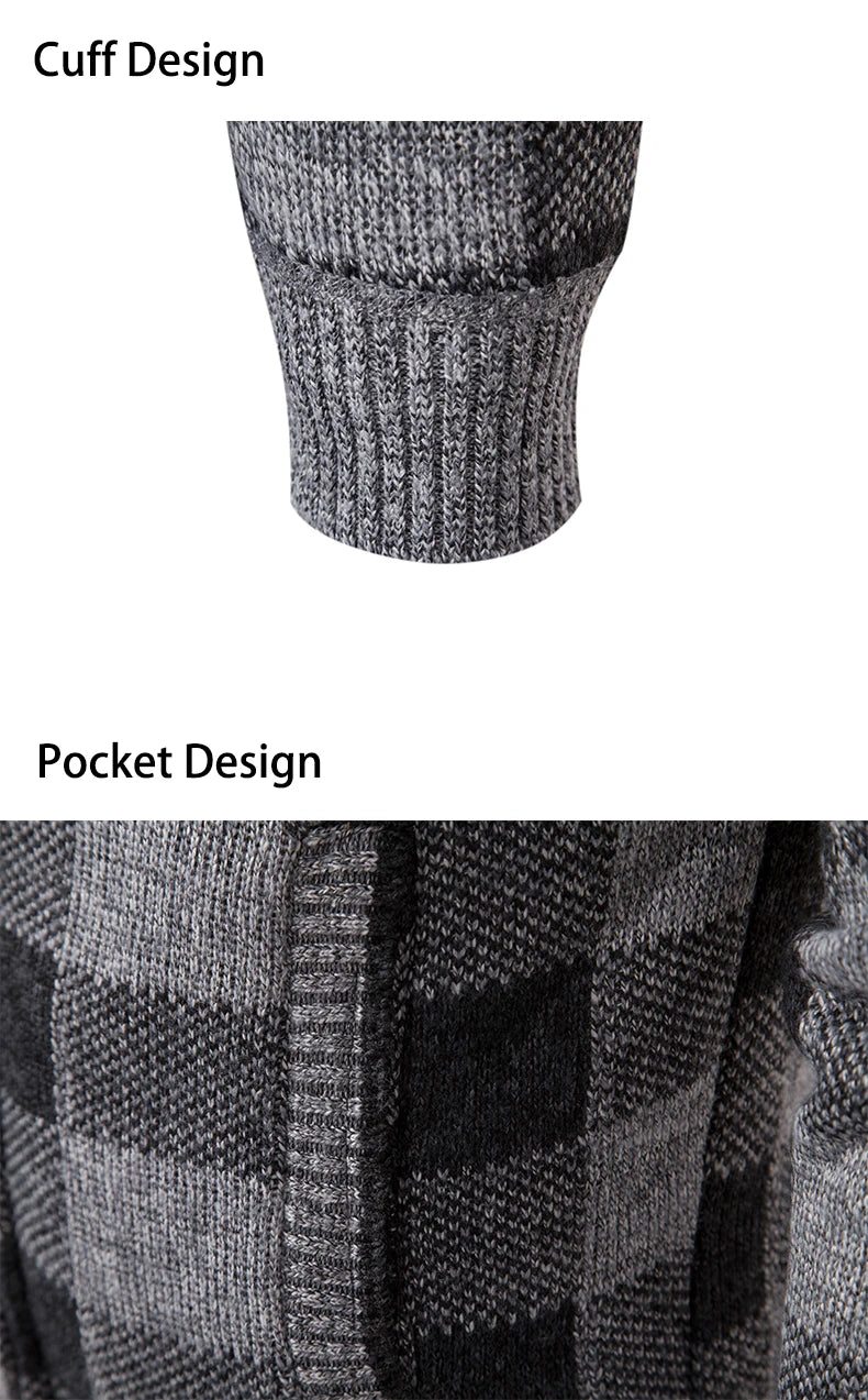 Men's Cardigan – Fashion Plus Velvet Padded Knit Jumpers, Male Sweater, Hooded Plaid Korean Luxury Brand Coat