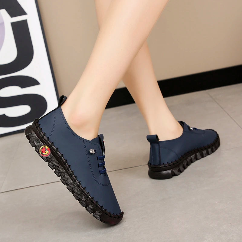 Lace-Up Leather Loafers - Flat Casual Shoes for Women, New Spring Collection, Outdoor Travel and Walking Sneakers