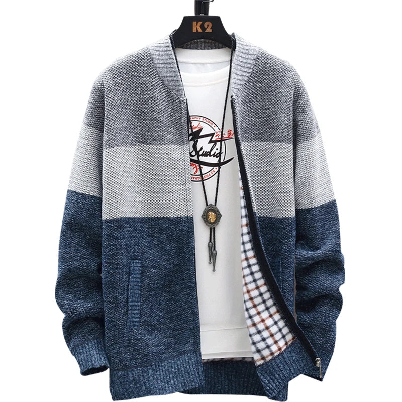Cardigan Sweater Men – Fleece Zipper, Velvet Contrast Striped Sweater Coat, Casual Jacket for Autumn and Winter