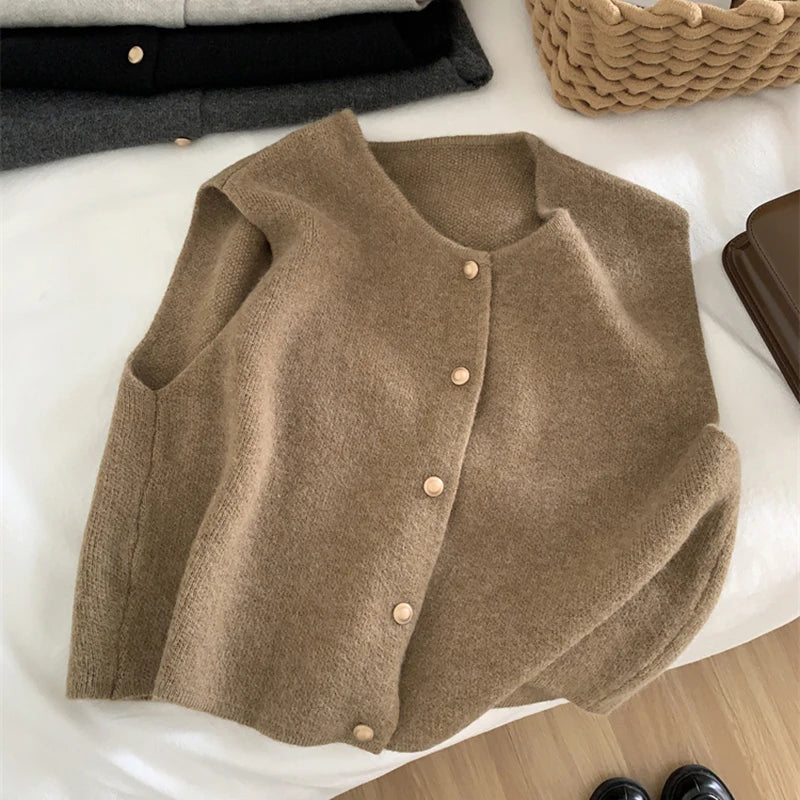 Korean Knitted Sleeveless Cardigan – Elegant, Slim Fit, Casual Fashion, Autumn Wear