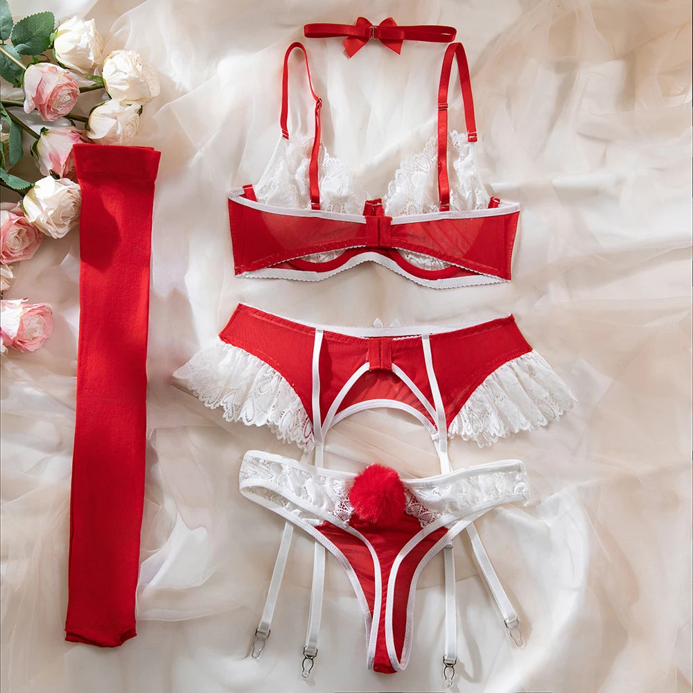 Lace Bra Set – Women's 4-Piece Lingerie Set with Stockings, Floral Bra, Panty & Garter Kit, Sexy Erotic Intimates