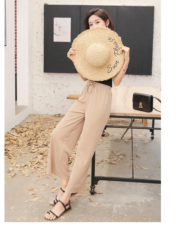 Women Ankle-Length Wide Leg Pants – Casual, Summer, Solid Color, Elastic Waist, Loose Fit, Ice Silk, Spring/Summer