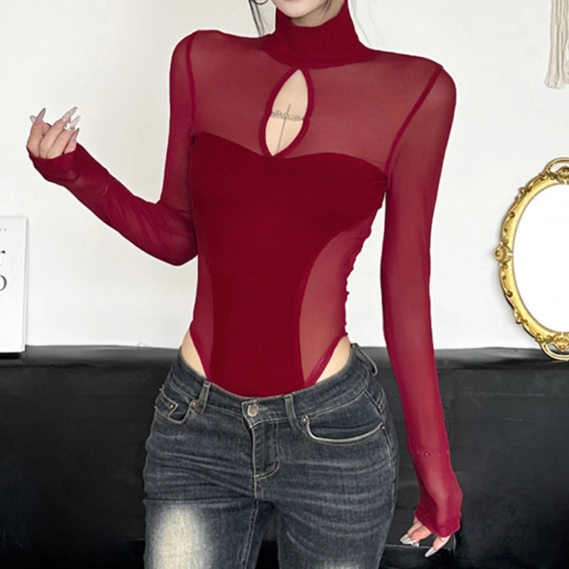 Hollow Out Mesh Bodysuit – Slim-Fit, Turtleneck, Long Sleeve, Korean Chic Elegance