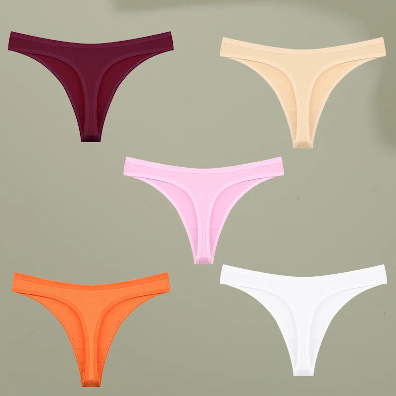 5PCS Set Low-Rise G-String Panties – Sexy, Cotton, Seamless, High Elasticity, Breathable, Solid Color