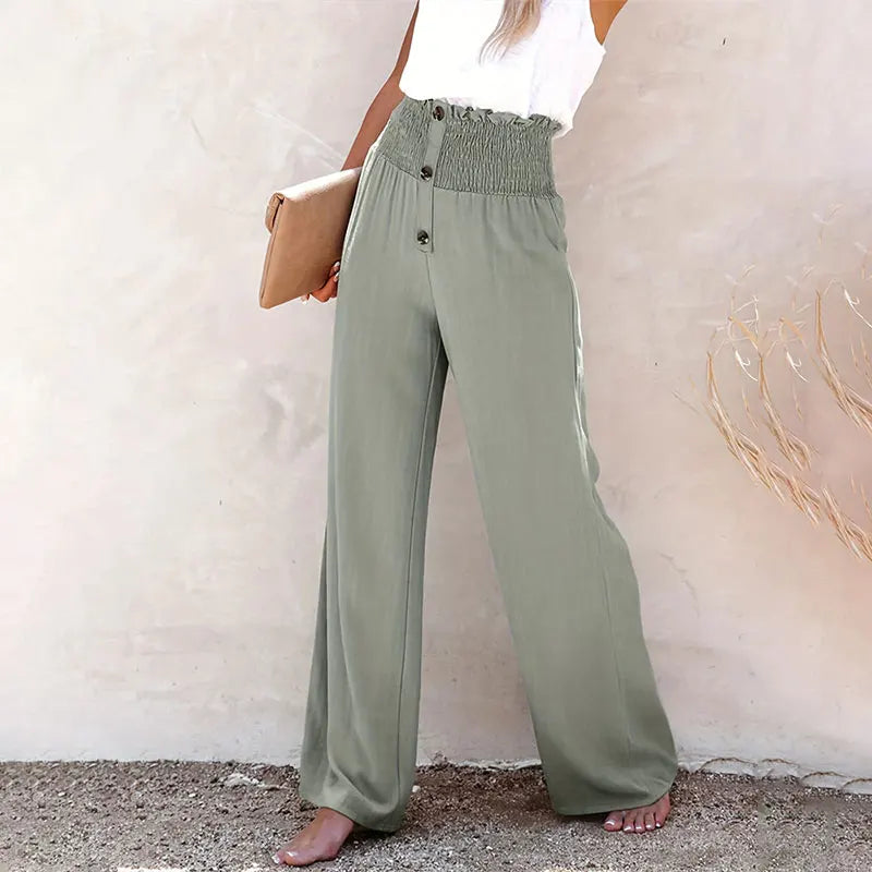 Summer Cotton Linen Wide Leg Pants – Full Length, Casual Style, Solid Color, Loose Fit, High Waist, Straight Cut