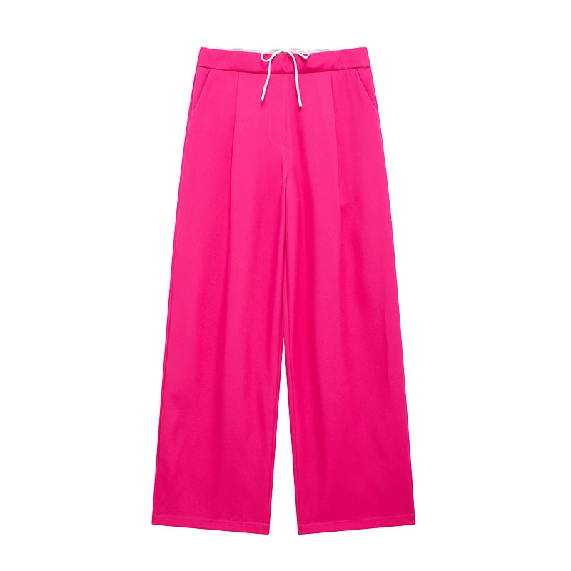 Women Fashion Straight Pants – Solid Color, Lace-Up, Side Zipper, Vintage Style, High Elastic Waist, Chic Lady Trousers