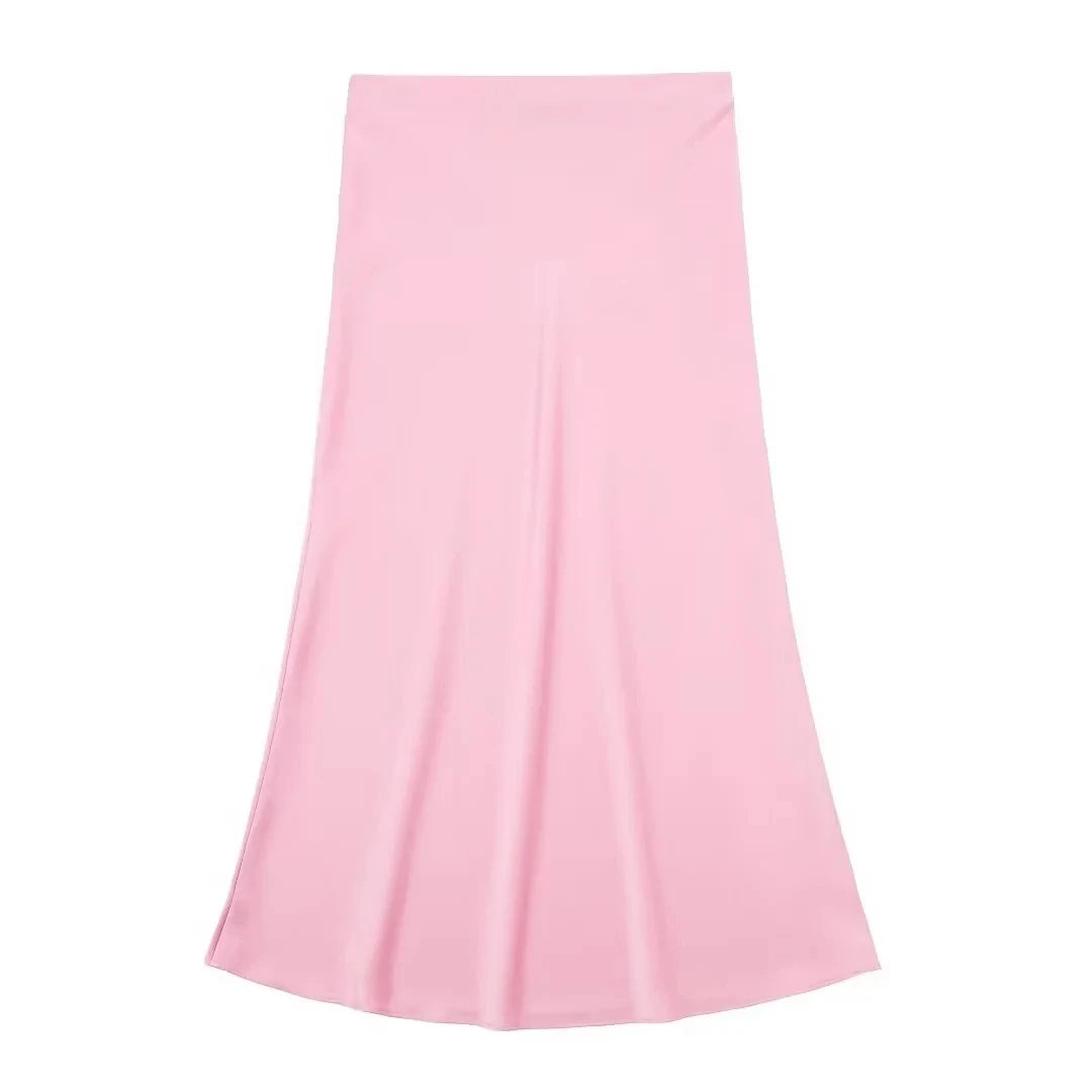 Women's Elegant Satin Skirt – Solid Color, Y2K Chic, High Waist, Slim Fit, Silk Texture, Tight Midi Skirt