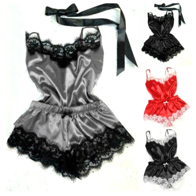 Fashion Nightwear Lace Trim Satin Cami Top Pajama Set – Sexy Hot Erotic Home Wear, Women's Sleeveless Sleepwear