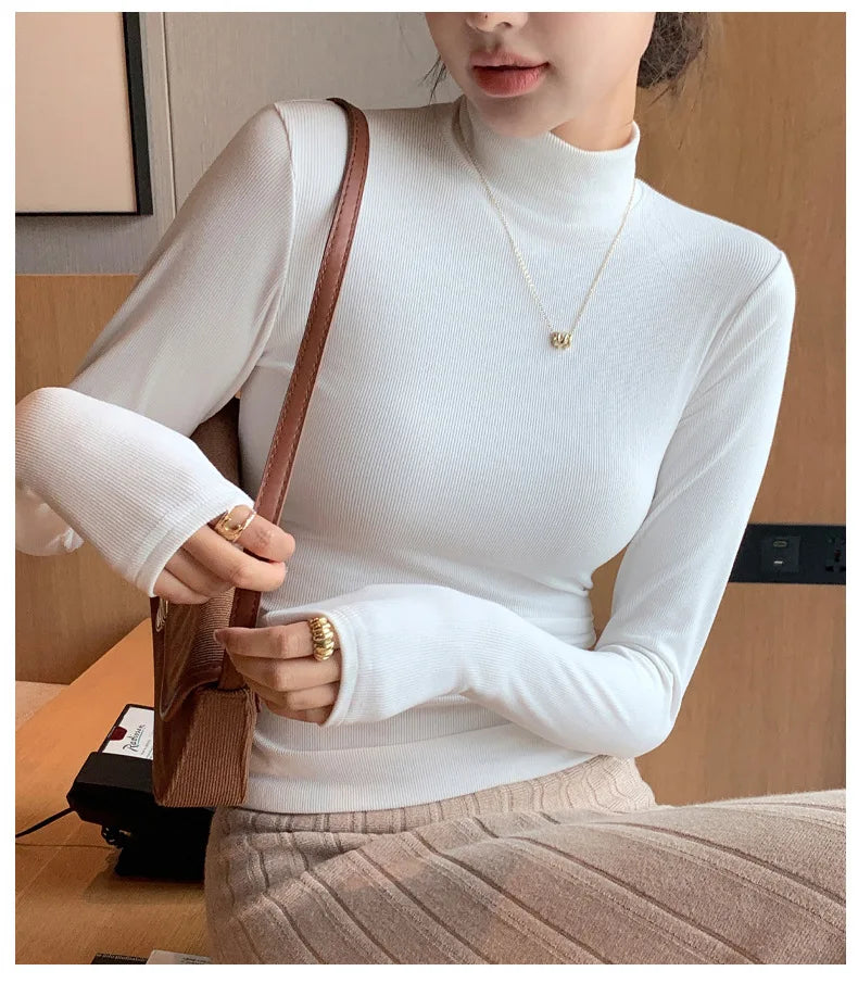 Knitted Half-Turtleneck Pullover – Elegant Korean Fashion, Long Sleeve, Women’s Sweater Jumper