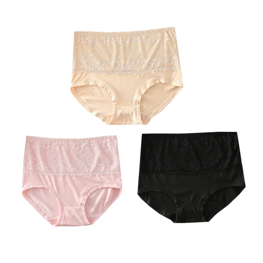 3PCS High Waist Women's Panties – Large Size, Breathable Cow Milk Silk, Lace Briefs, Sexy Female Lingerie