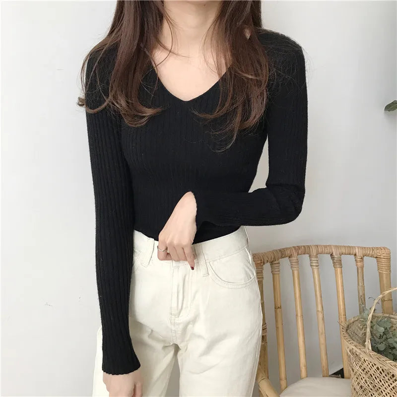 Korean V-Neck Knitted Sweater – Slim Fit, Autumn Winter Pullover, Fashion Jumper for Women
