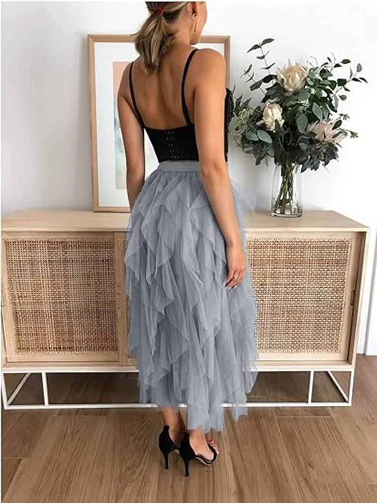 Women's Tulle Long Skirt – Tiered Tutu, A-Line, Mesh, Elastic Waist, Big Hem, Black/Gray/Pink/Beige
