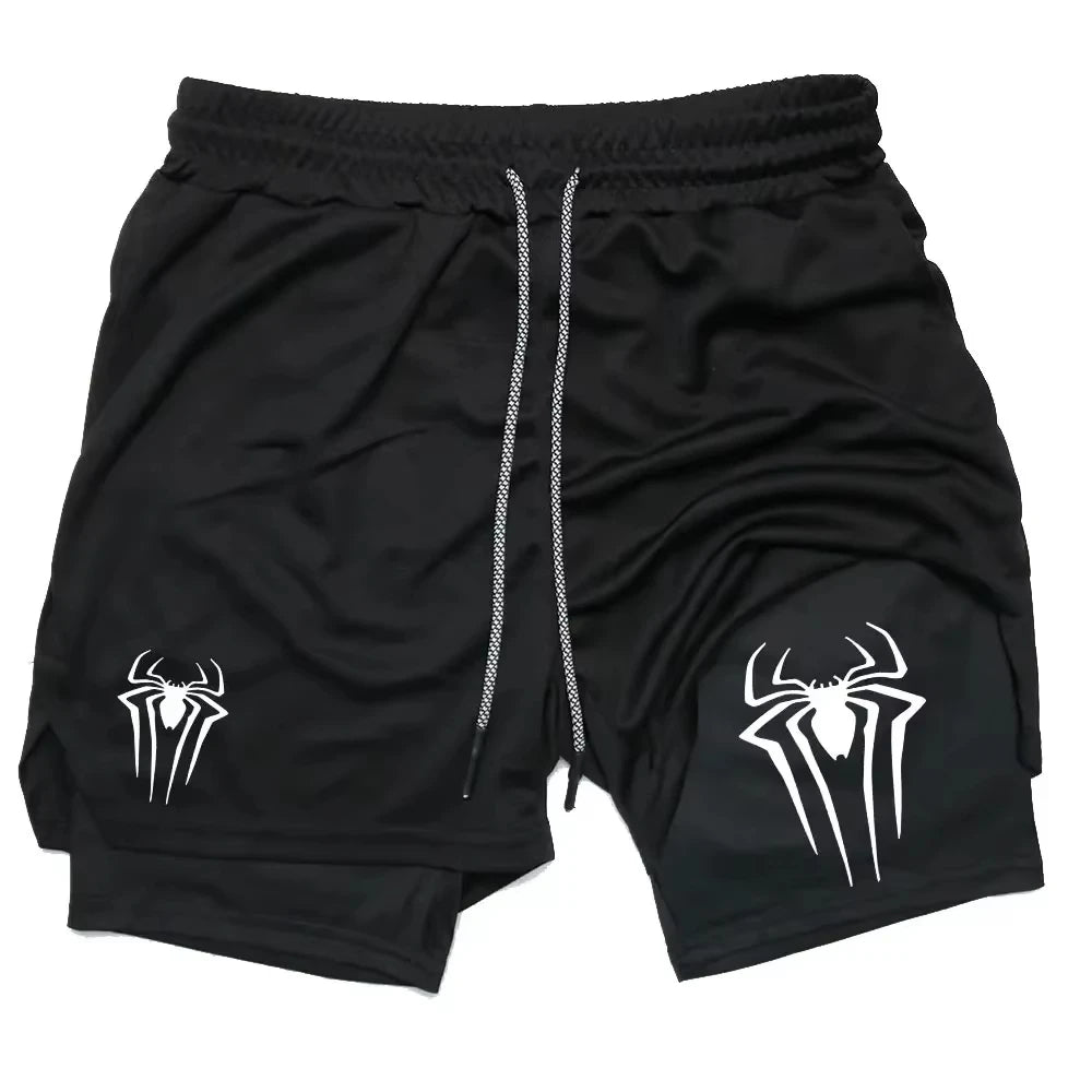 Y2K Performance Shorts Men – Spider Printed, Gym Casual Sports, Compression Shorts, Workout, Running, Mesh 2-in-1 Sport Shorts
