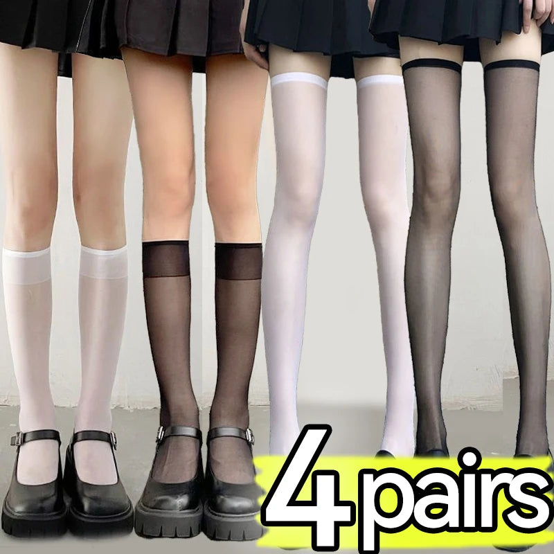 4 Pairs Summer Thin Stockings – Women Lolita Long Socks, Knee High, Fashion Cosplay, Sexy, Nylon, Transparent