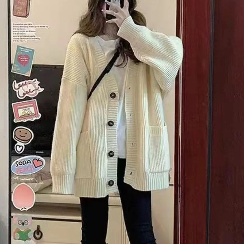 Women's Knitted Cardigan – V-Neck, Loose Fit, Long Sleeve, Casual Autumn Winter Jacket