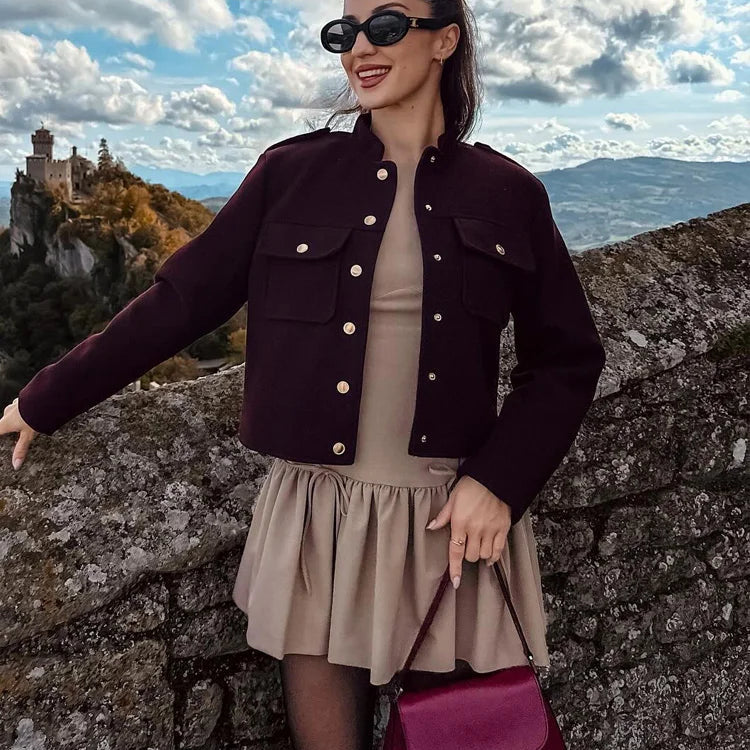 Women's Soft Tweed Bomber Jacket – O-Neck, Long Sleeve, Button-Up, Loose Woolen Streetwear Coat