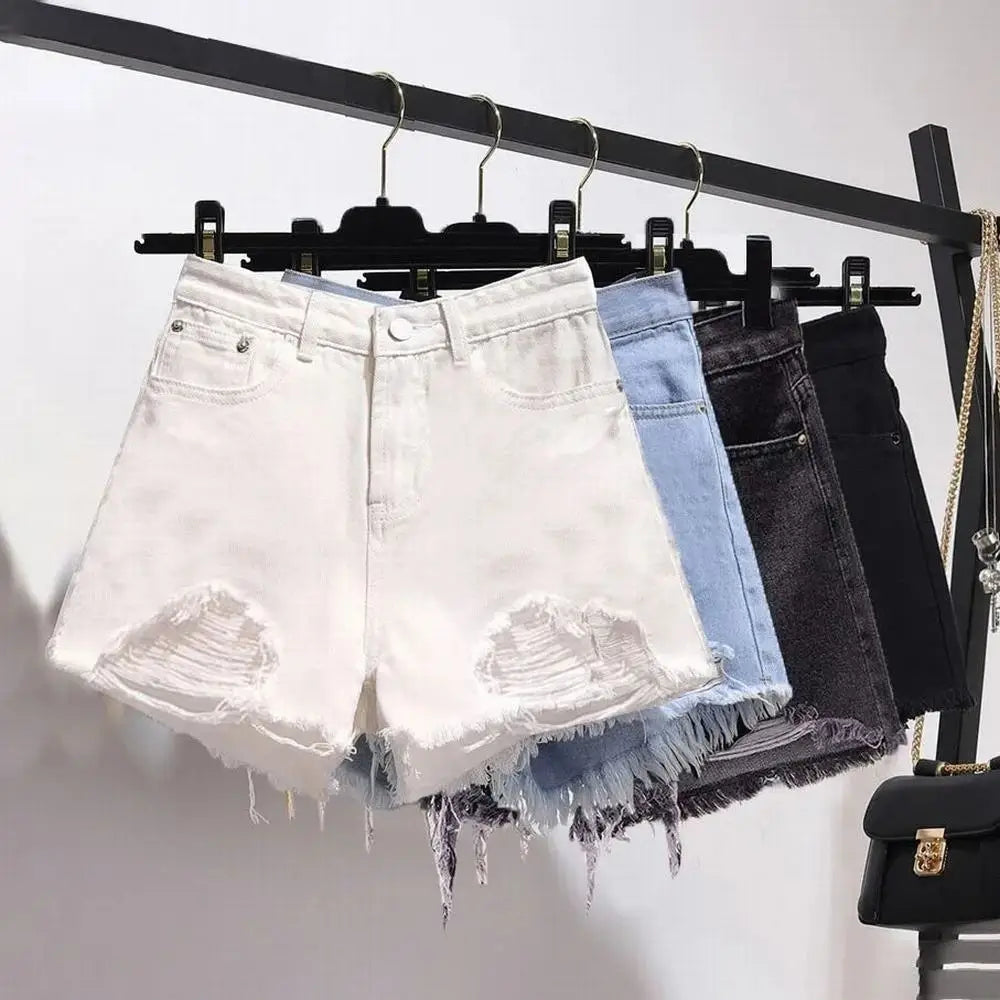 Women's Cowboy Shorts – Korean Style, High Waist, Casual, Denim, Pocket Design, Tassel, Perforated, Ripped Holes, Y2K White Jeans