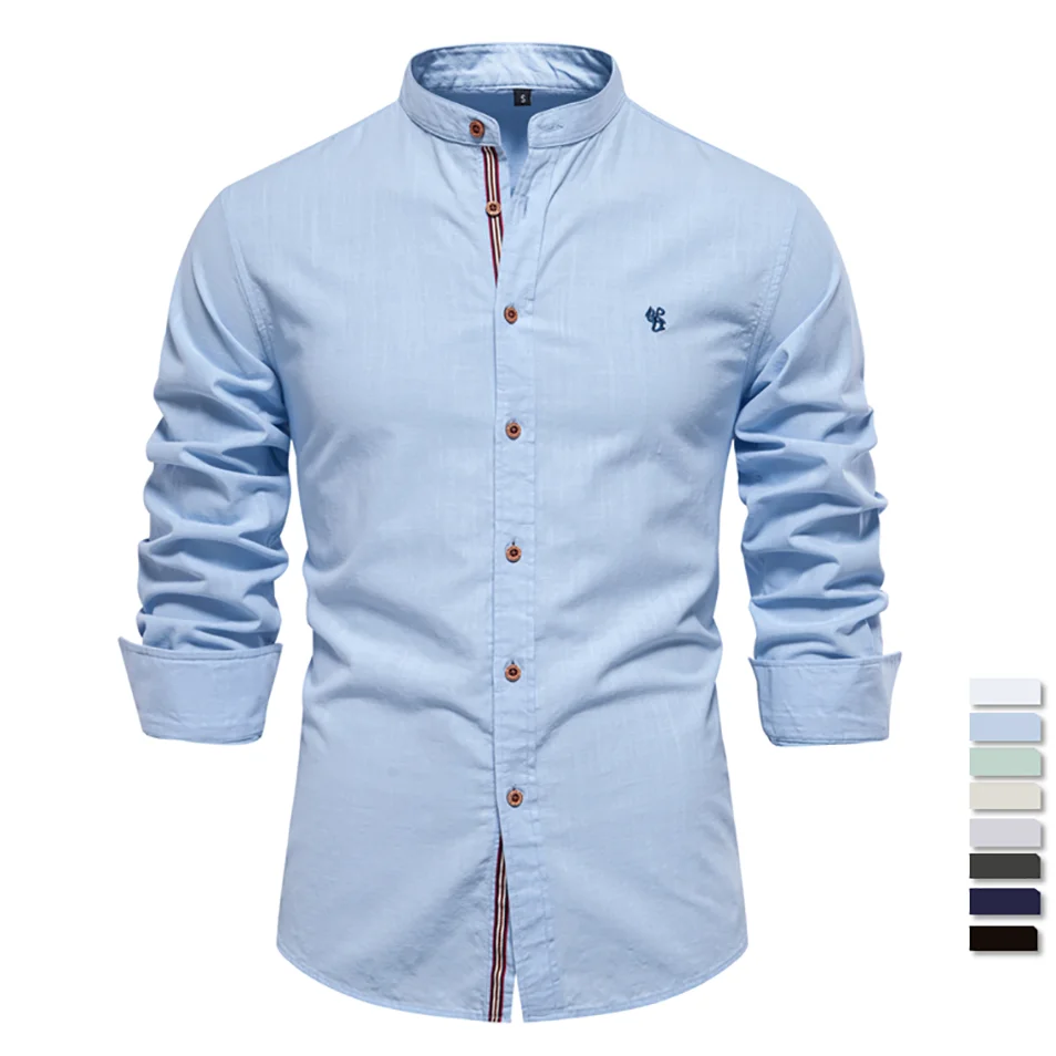 100% Cotton Social Shirt For Men – Solid Color, Long Sleeve, High Quality Brand, Spring Stand Collar, Casual Style
