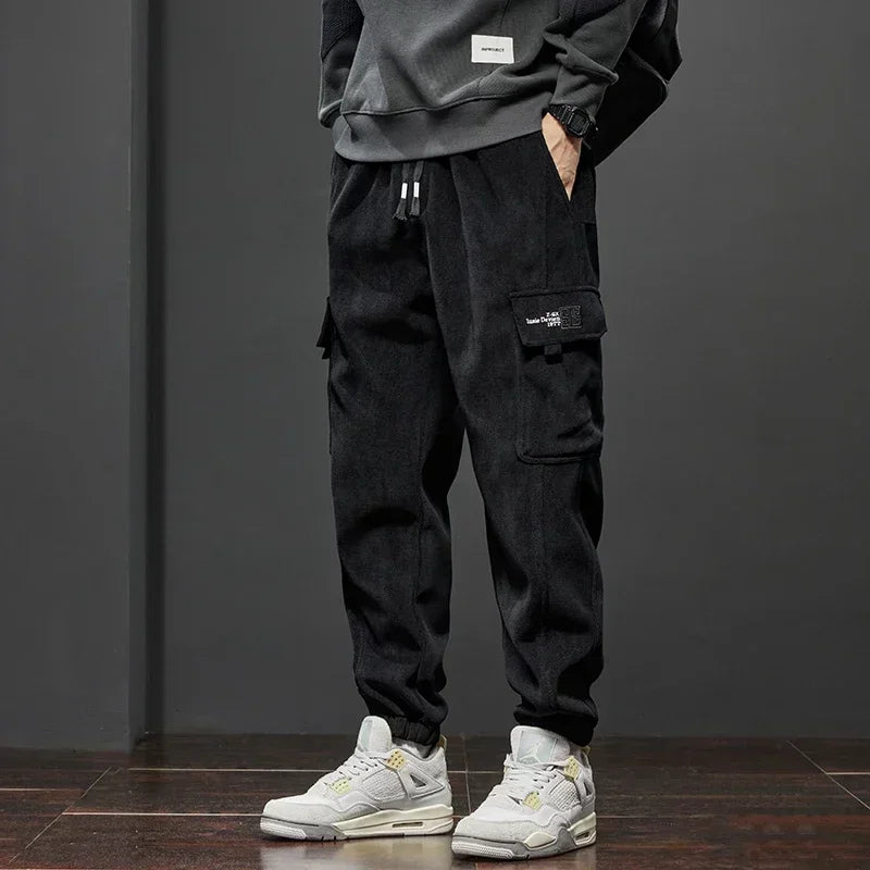 Men's Corduroy Harem Cargo Pants – Spring Autumn Streetwear, Army Green/Gray/Black, Elastic Waist Casual Joggers Sweatpants