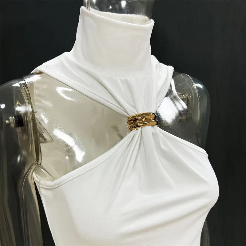 Turtleneck Basic Knit Tank Top – Sleeveless, Metal Ring Detail, Pullover, Skinny Fit, Y2K Style, Cropped, Women's Fashion