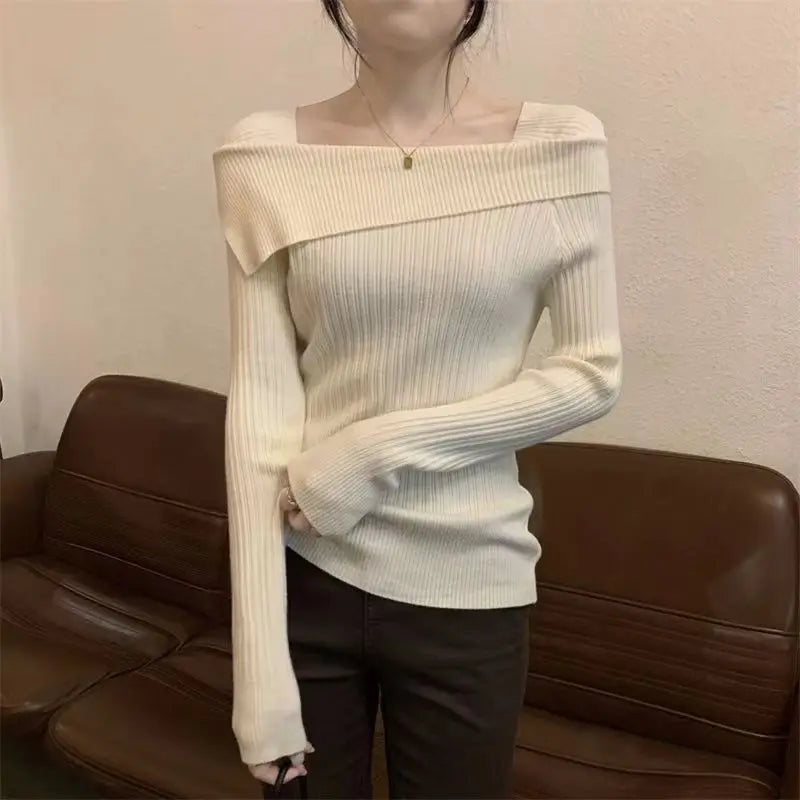 Slim Off-Shoulder Knitted Sweater – Slash Neck, Long Sleeve, Sexy Office Fashion
