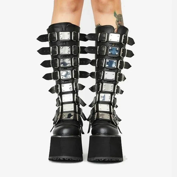 Women Boots Cosplay – High Heel Platform Wedge Boots with Gothic Buckle Strap Design