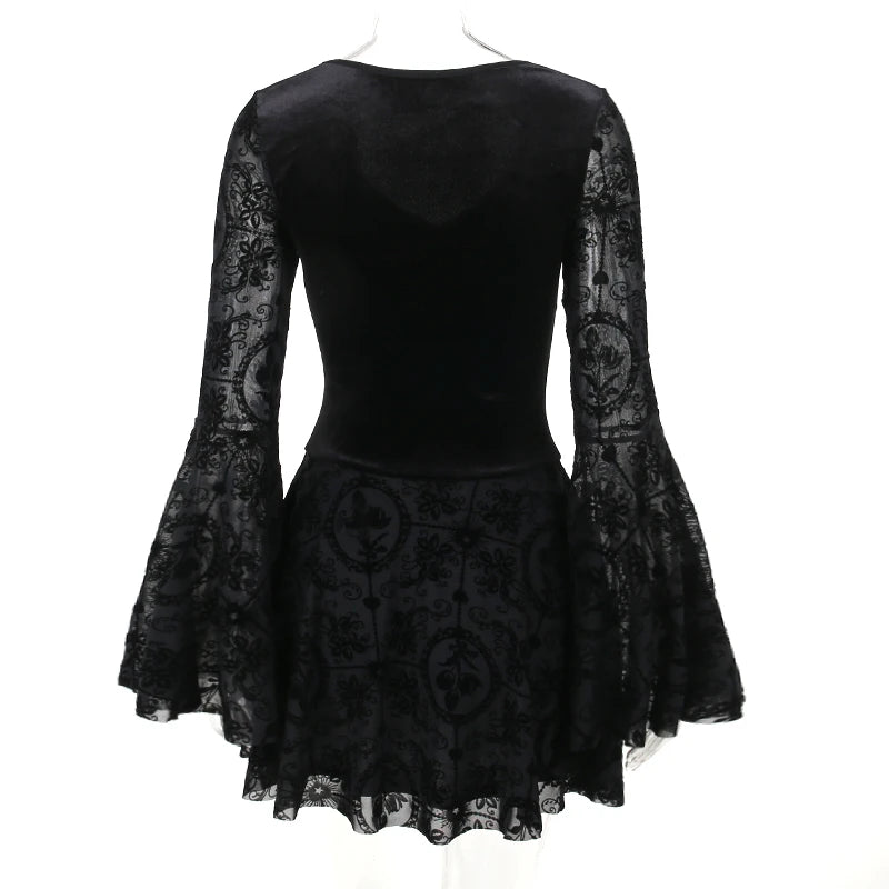 Gothic Long Sleeve Ruffle Mini Dress Women's Vintage V Neck Velvet Stretchy Bodycon Cocktail Dresses Victorian Blouse